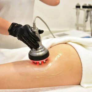 Rf skin tightening. Hardware cosmetology. Ultrasound cavitation body contouring treatment, anti-cellulite and anti-fat therapy in beauty salon. Large collage with different parts of the body